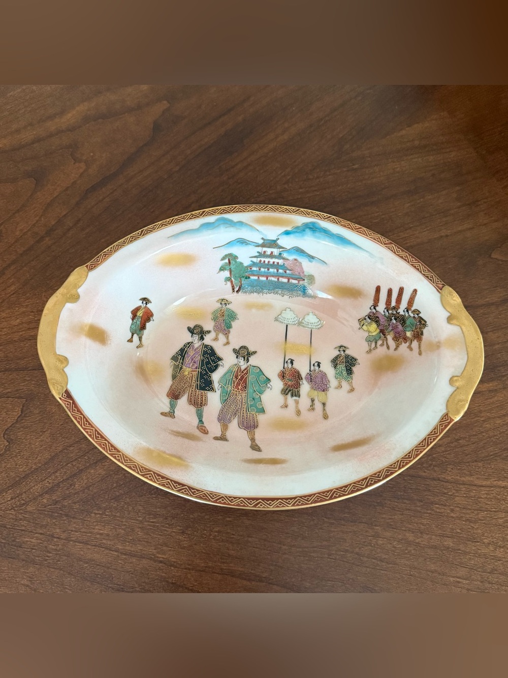 Vintage Japanese Soko China Satsuma Style Hand Painted Oval Vegetable Bowl 10”